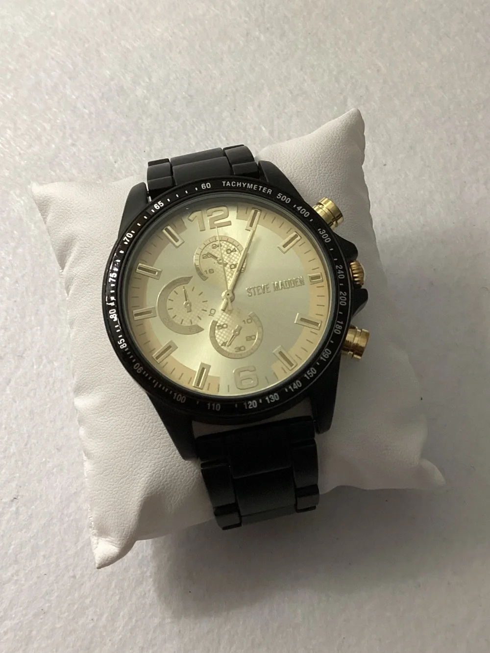 Steve Madden Iconic Champagne and Black Alloy Metal Watch, 45mm